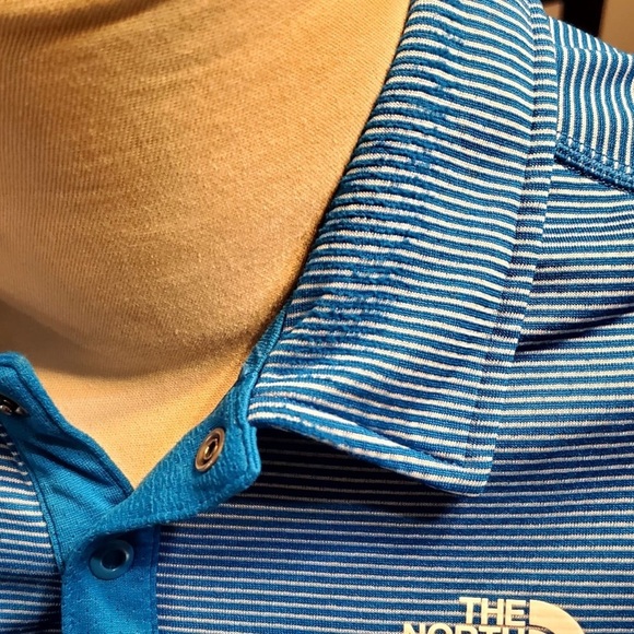North Face Polo Shirt Men's Size L Flashdry Blue Short Sleeve With White Stripes - Picture 8 of 11